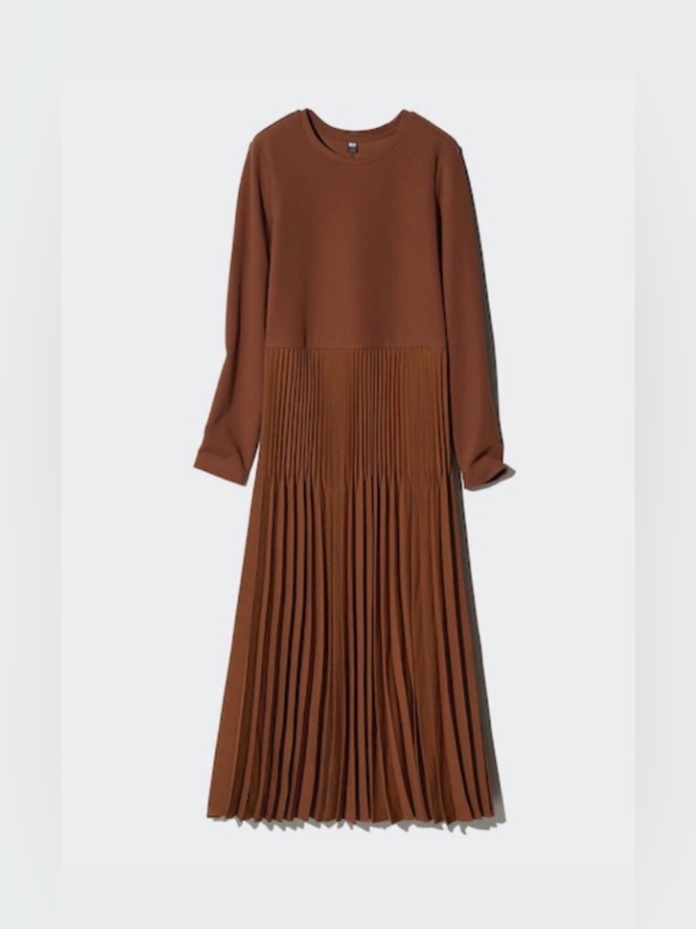 EUC [Uniqlo] Pleated Long Sleeve Combination Tiered Flared Dress Brown Women’s M - Picture 5 of 14